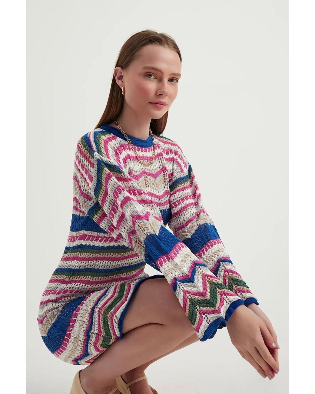 Hiccup Blue Geometric Crew Neck Crochet Bell Sleeves Mini Dress