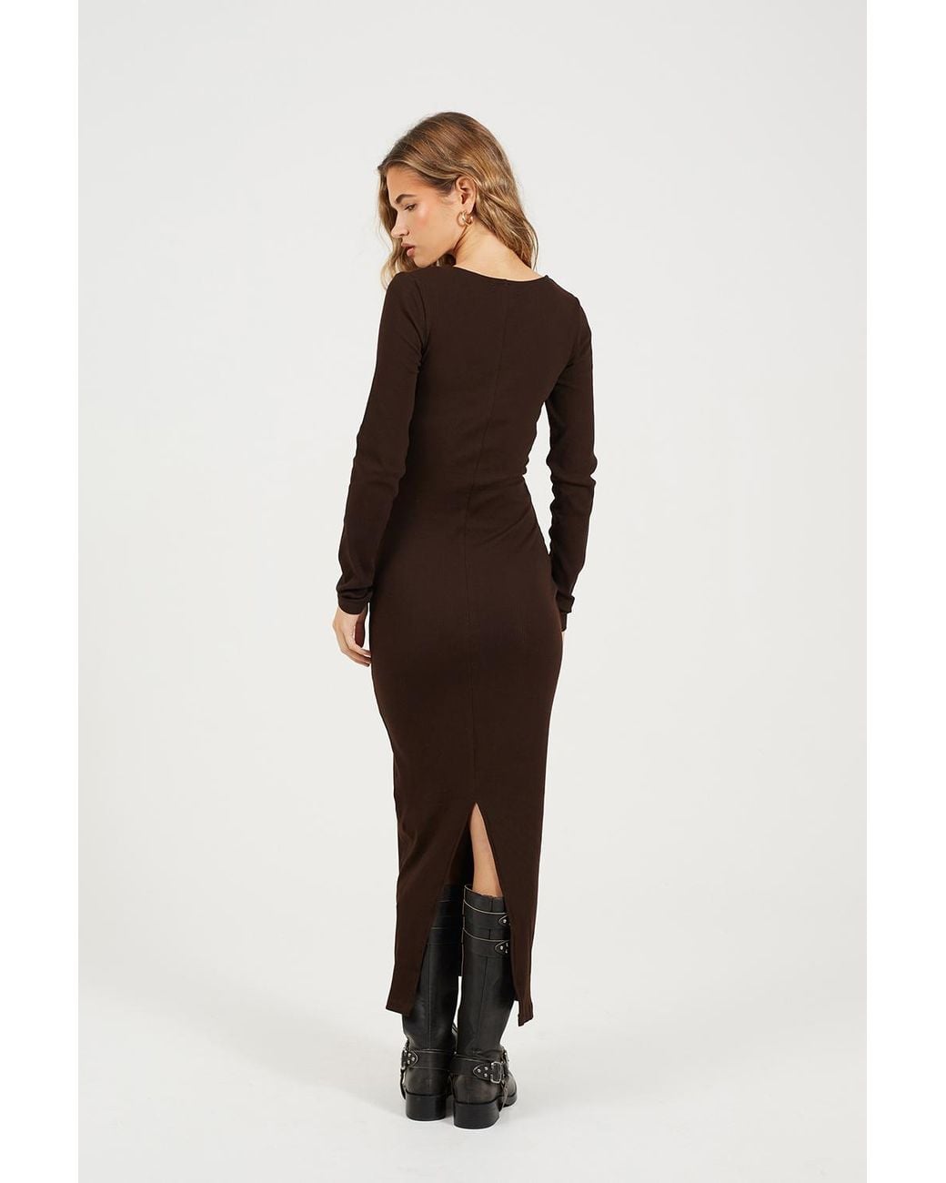 Brave Soul Brown V-Neck Fitted Long Sleeve Maxi Dress