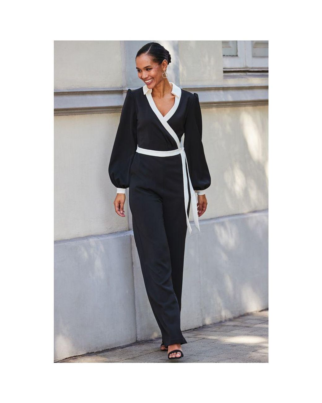 Sosandar Gray Contrast Trim Wrap Front Jumpsuit