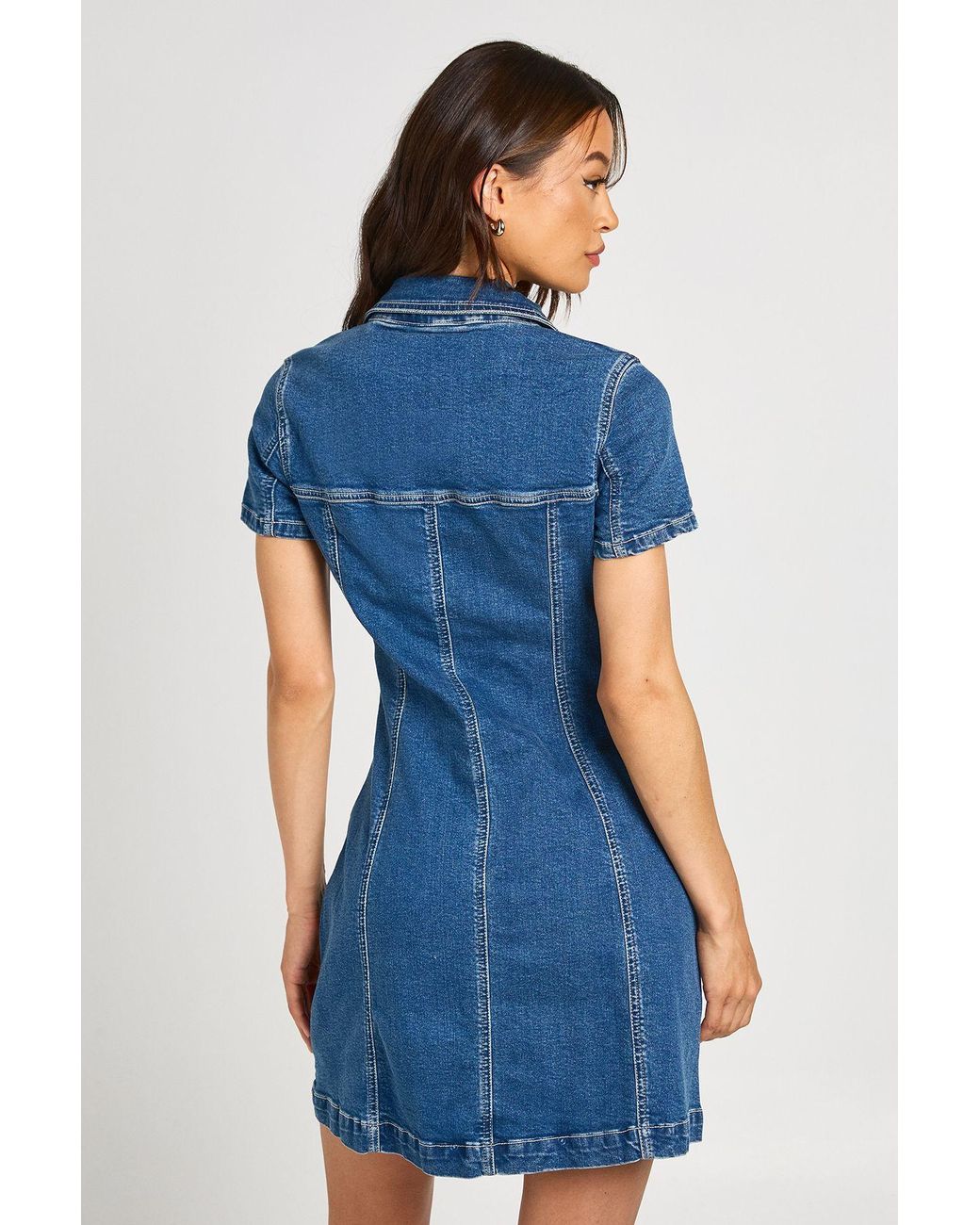 Boohoo Blue Tall Short Sleeve Zip Front Denim Dress