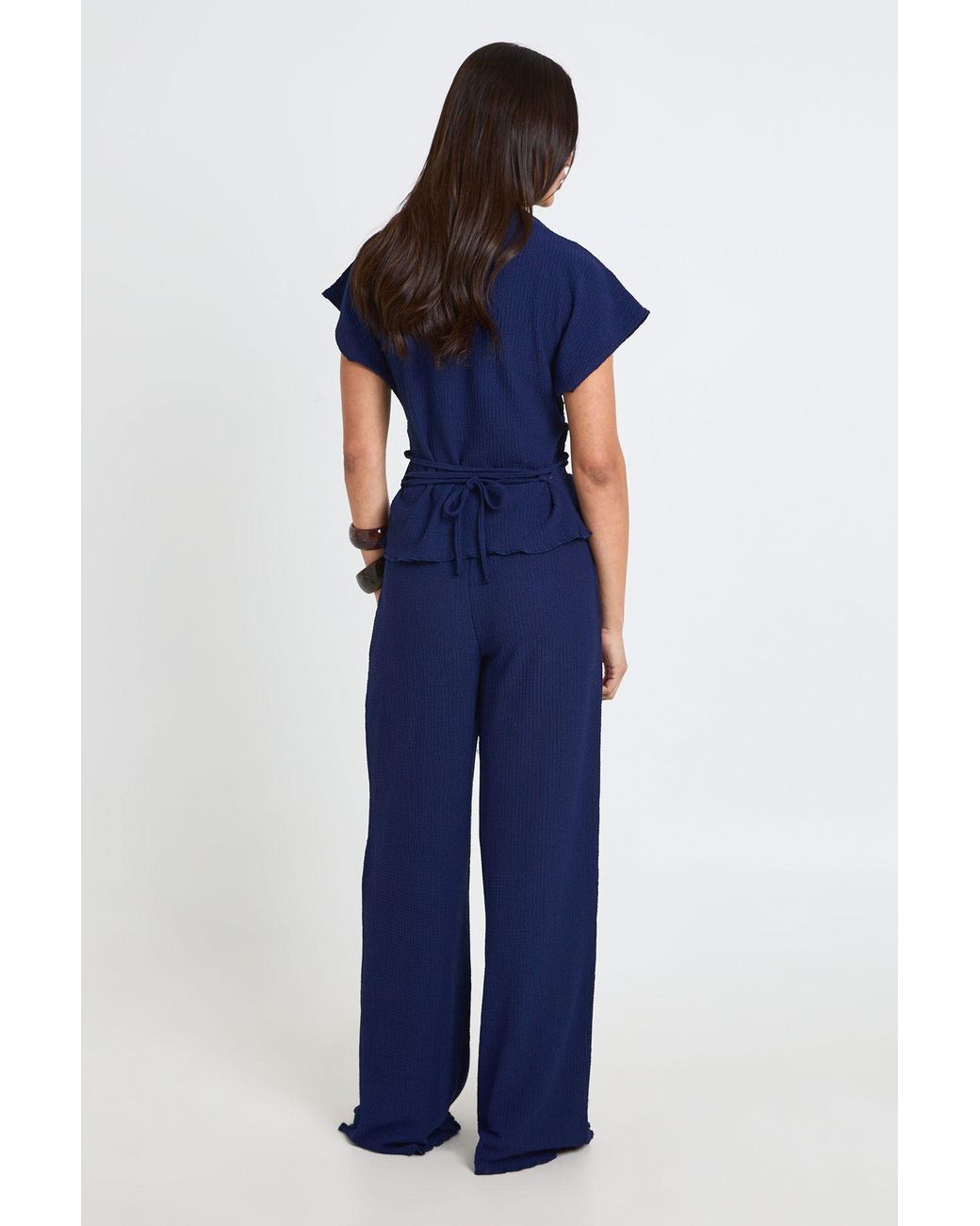 Boohoo Blue Crinkle Tie Back Top Wide Leg Trouser Co Ord