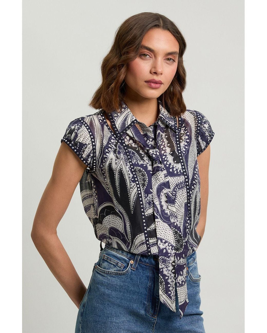Karen Millen Multicolor Mono Floral Printed Studded Blouse