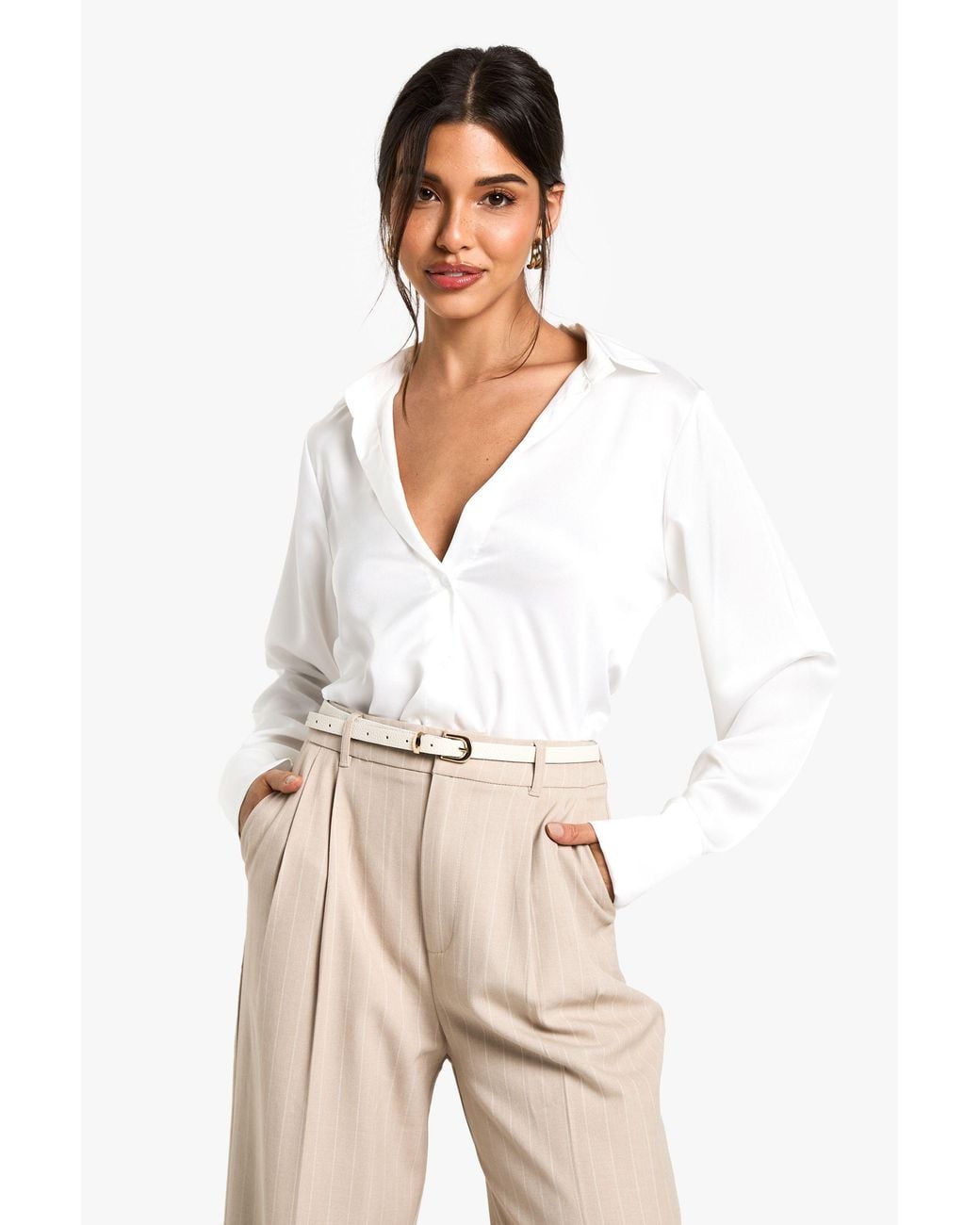 Boohoo Natural Satin V-Neck Button Up Shirt