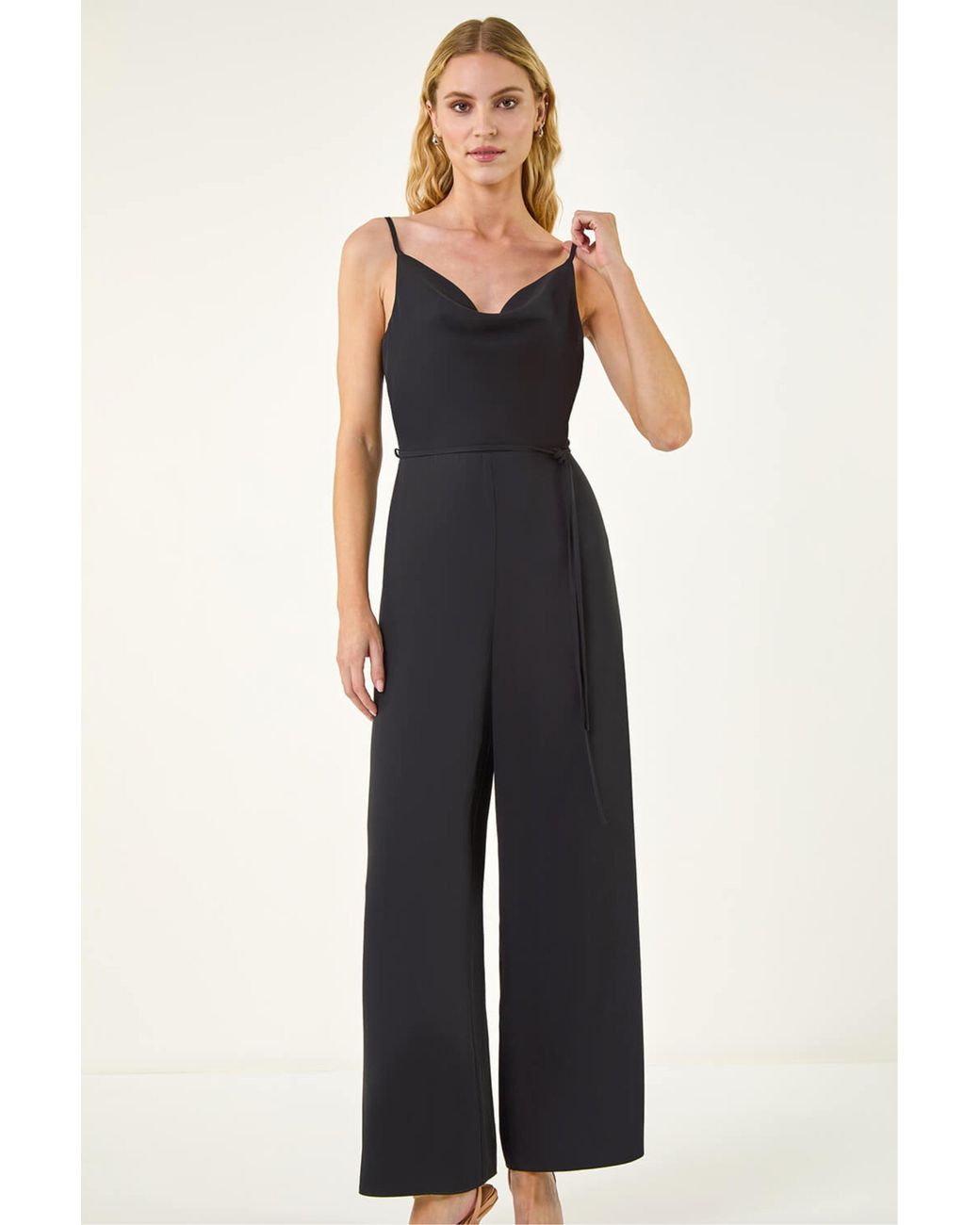 Roman Blue Front Tie Strap Belted Jumpsuit