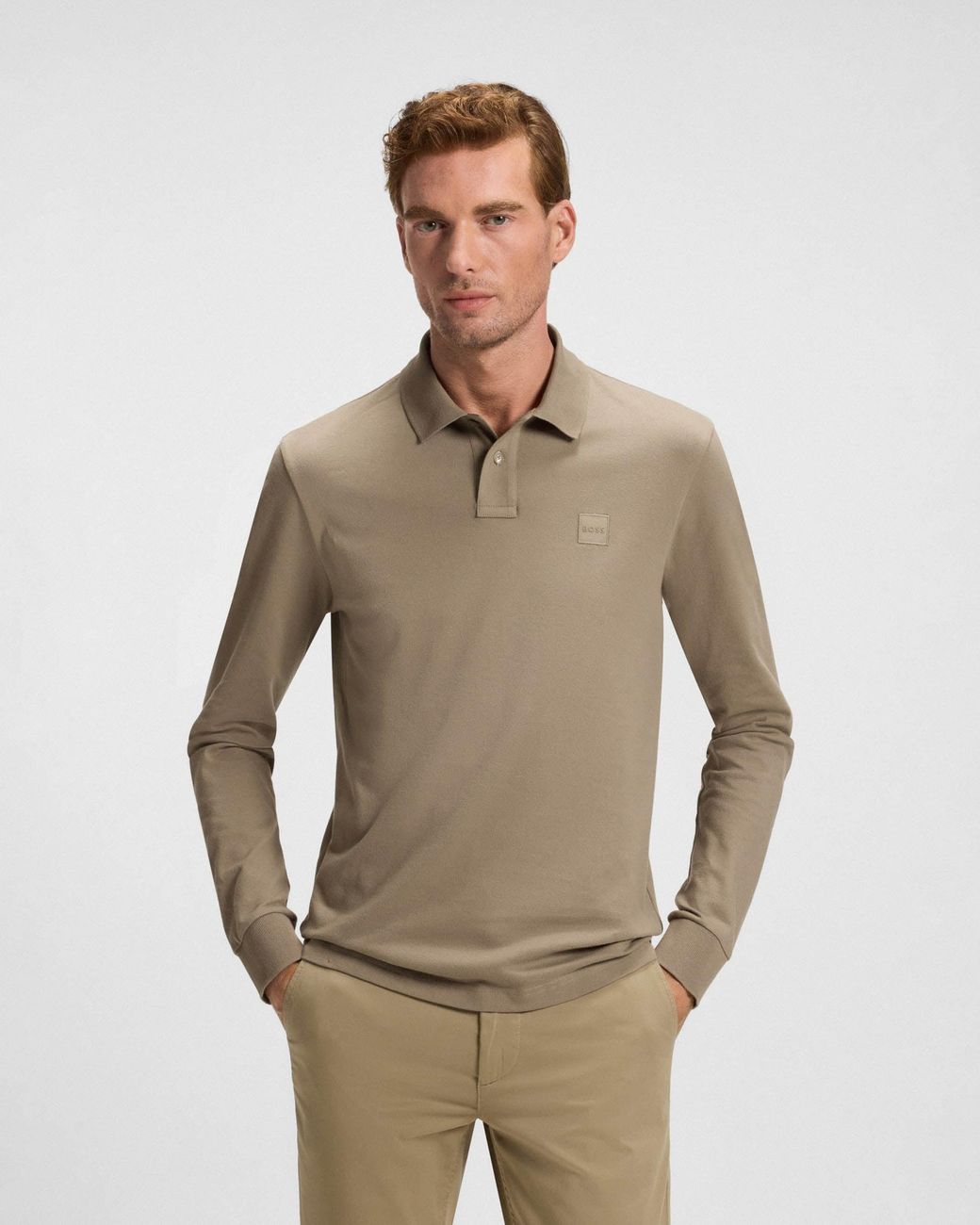 Boss Natural Passerby Long Sleeve Stretch-Cotton Polo Shirt With Logo Patch for men