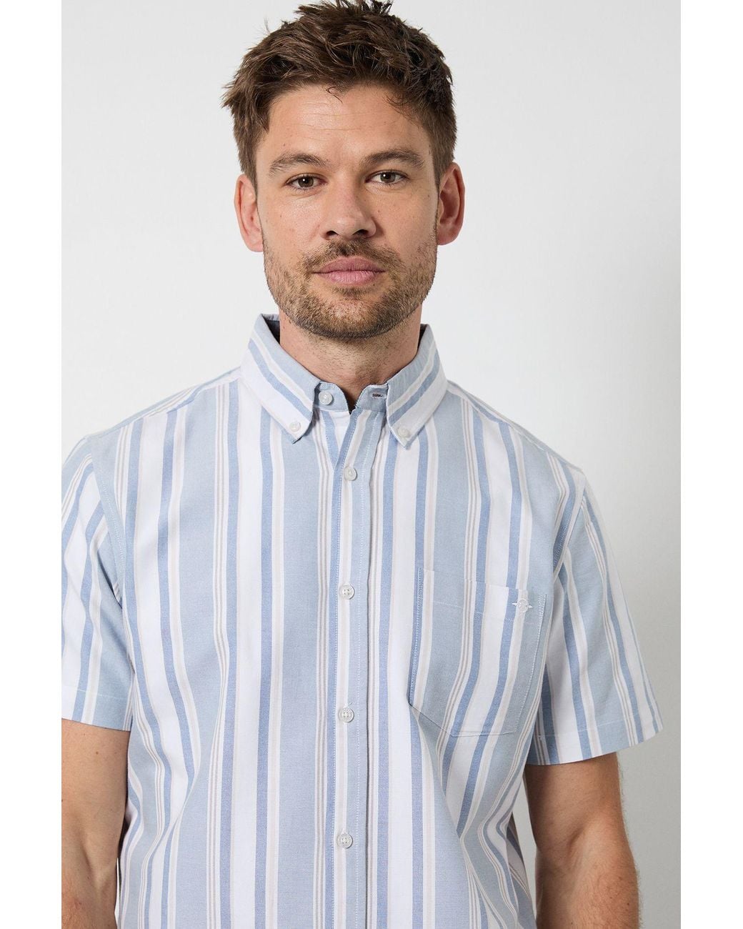 MAINE White Multi Stripe Short Sleeve Shirt Cotton for men