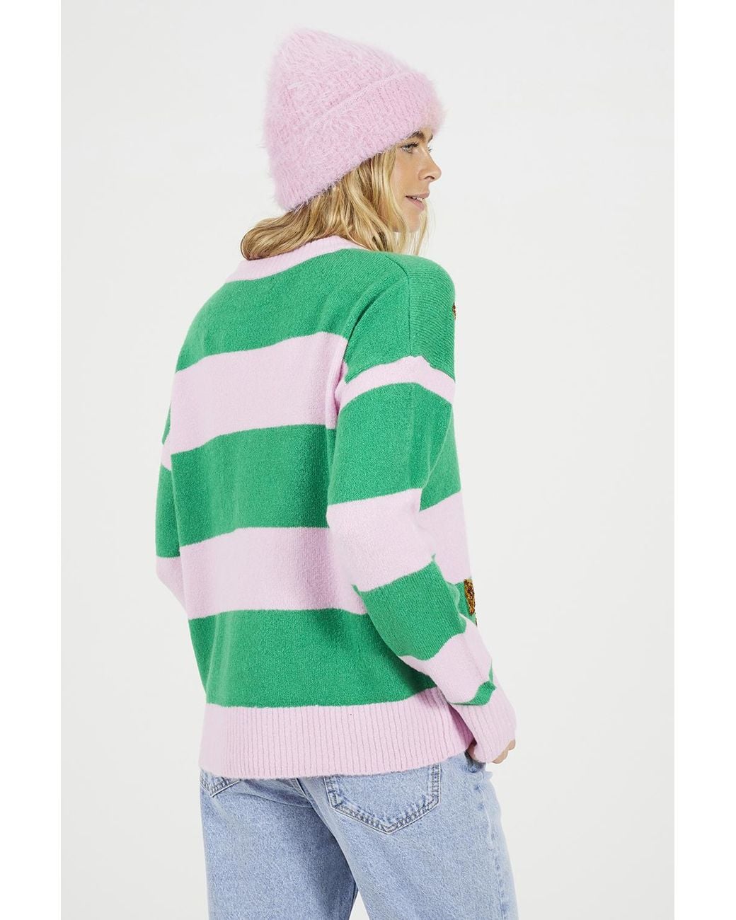 Brave Soul Green Sequin Bow Stripe Christmas Jumper