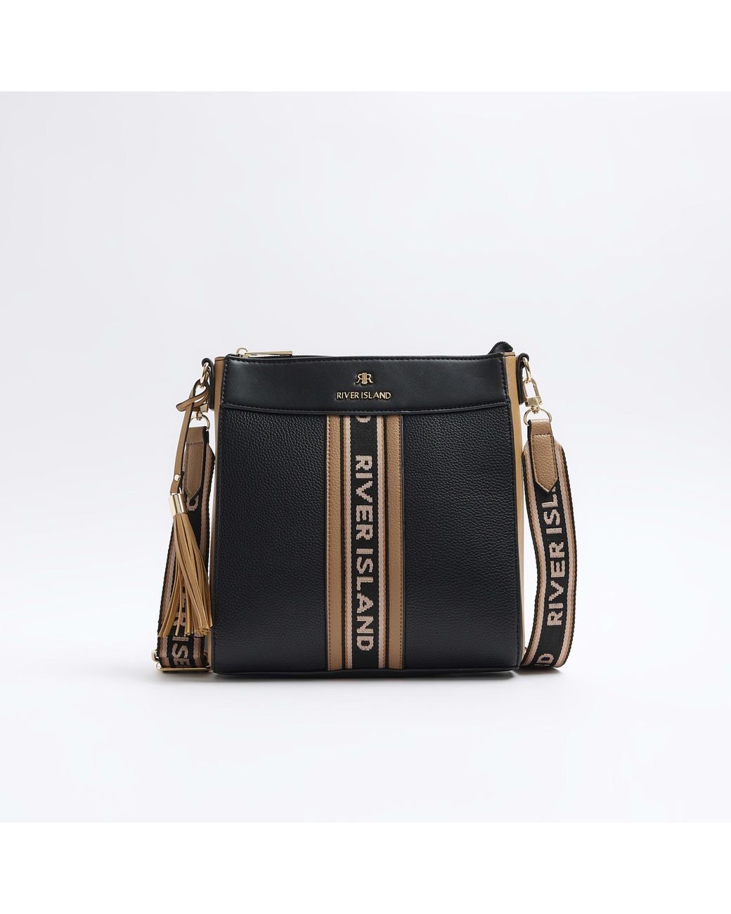 River island black double pocket messenger bag new arrivals
