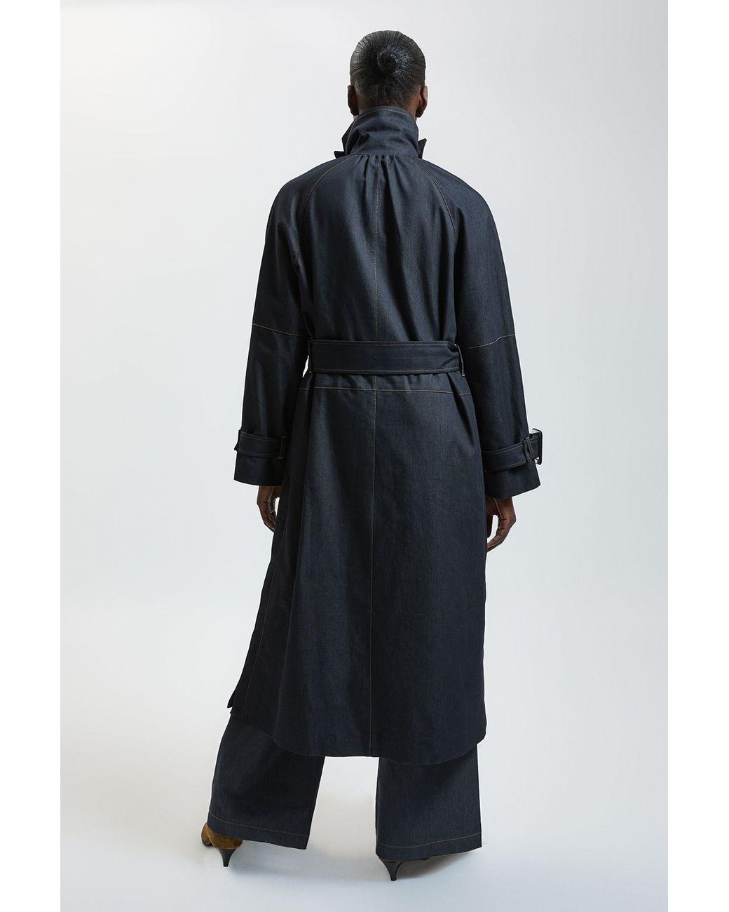 Karen Millen Blue Tailored Denim High Neck Belted Trench Coat