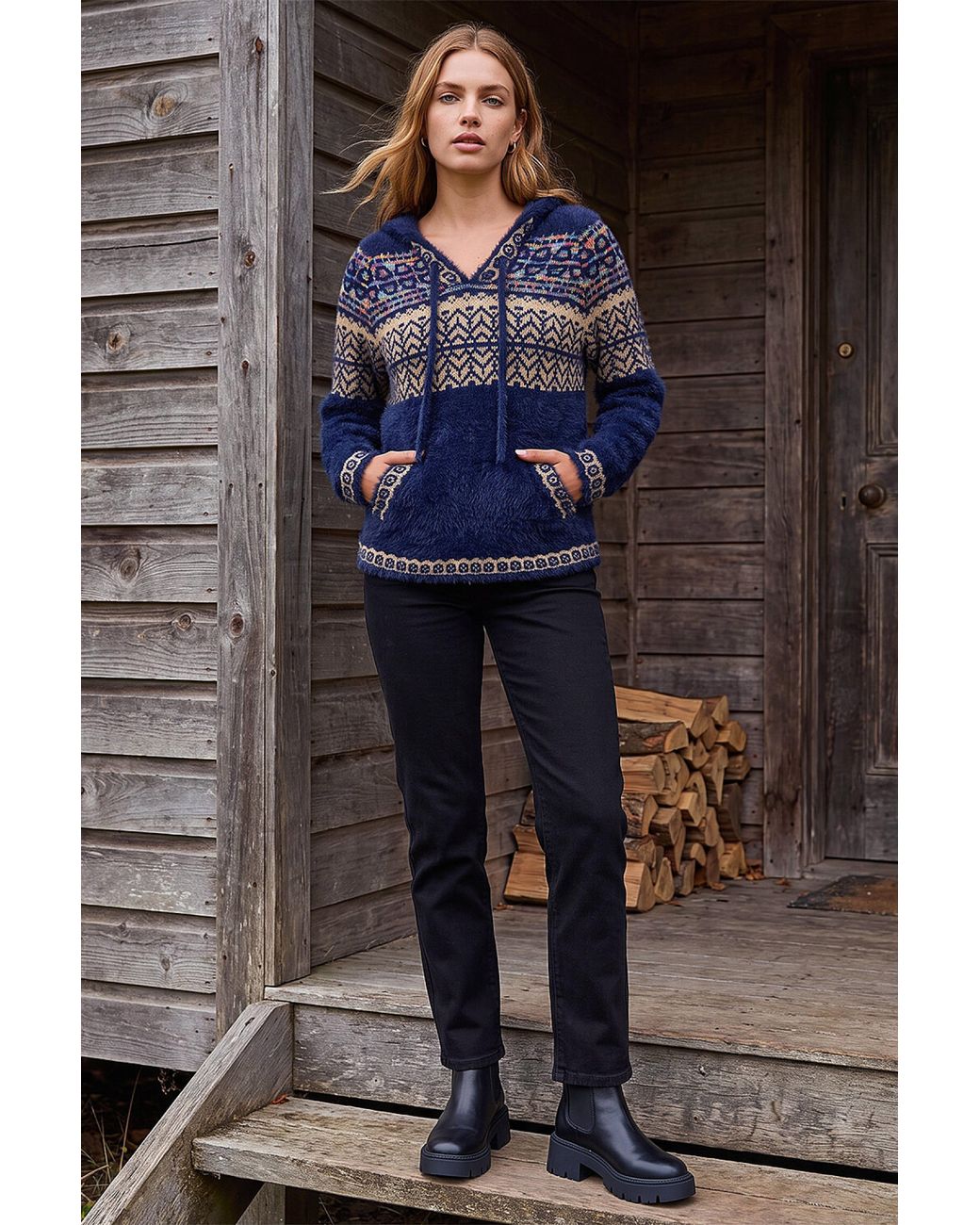 Roman Blue Fluffy Nordic Pattern Hooded Jumper