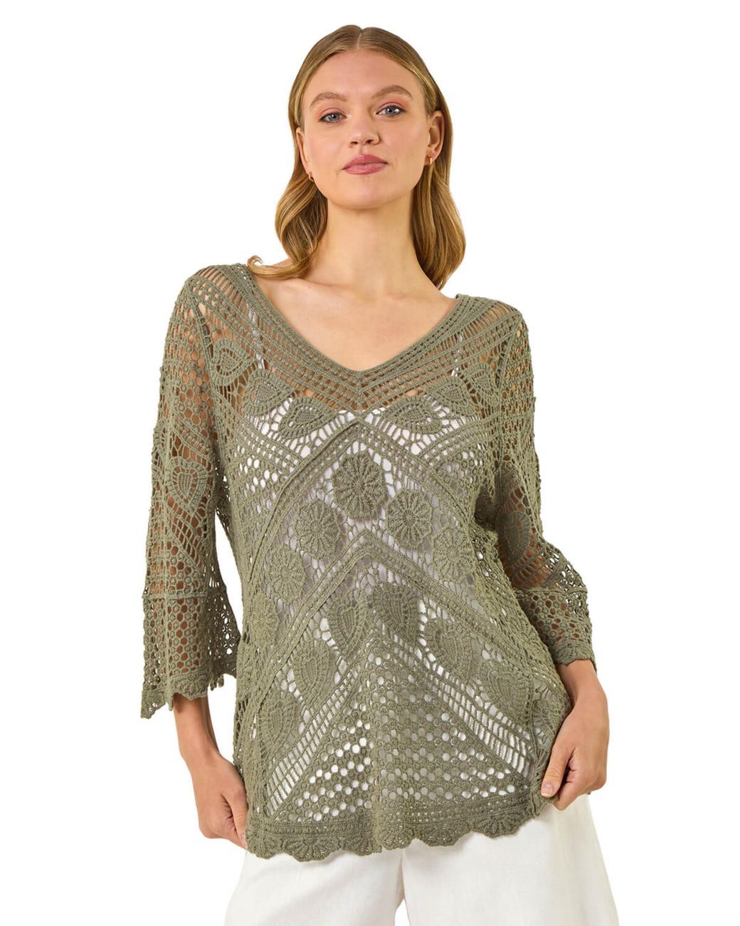 Roman Green Crochet Lace V-Neck Open Knit