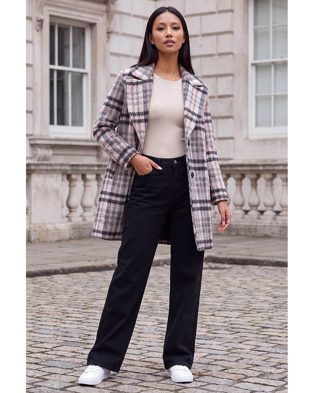 Roman Gray Petite Boucle Check Coat