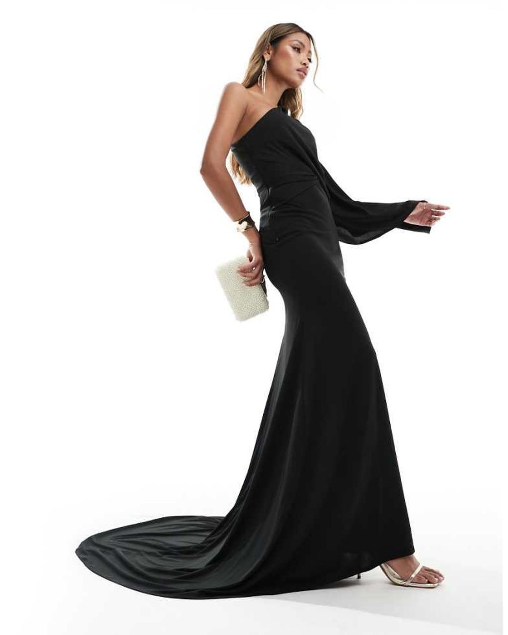 ASOS Black One Shoulder Premium Draped Maxi Dress With Train Detail