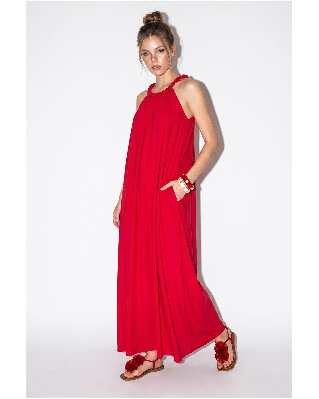 Bianco Lucci Red Halter Maxi Dress With Pocket
