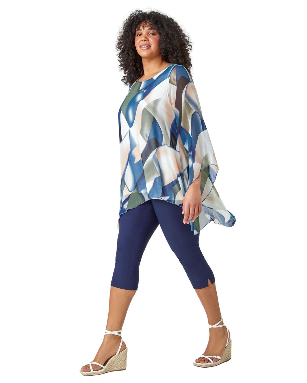 Roman Curve Blue Abstract Chiffon Overlay Top