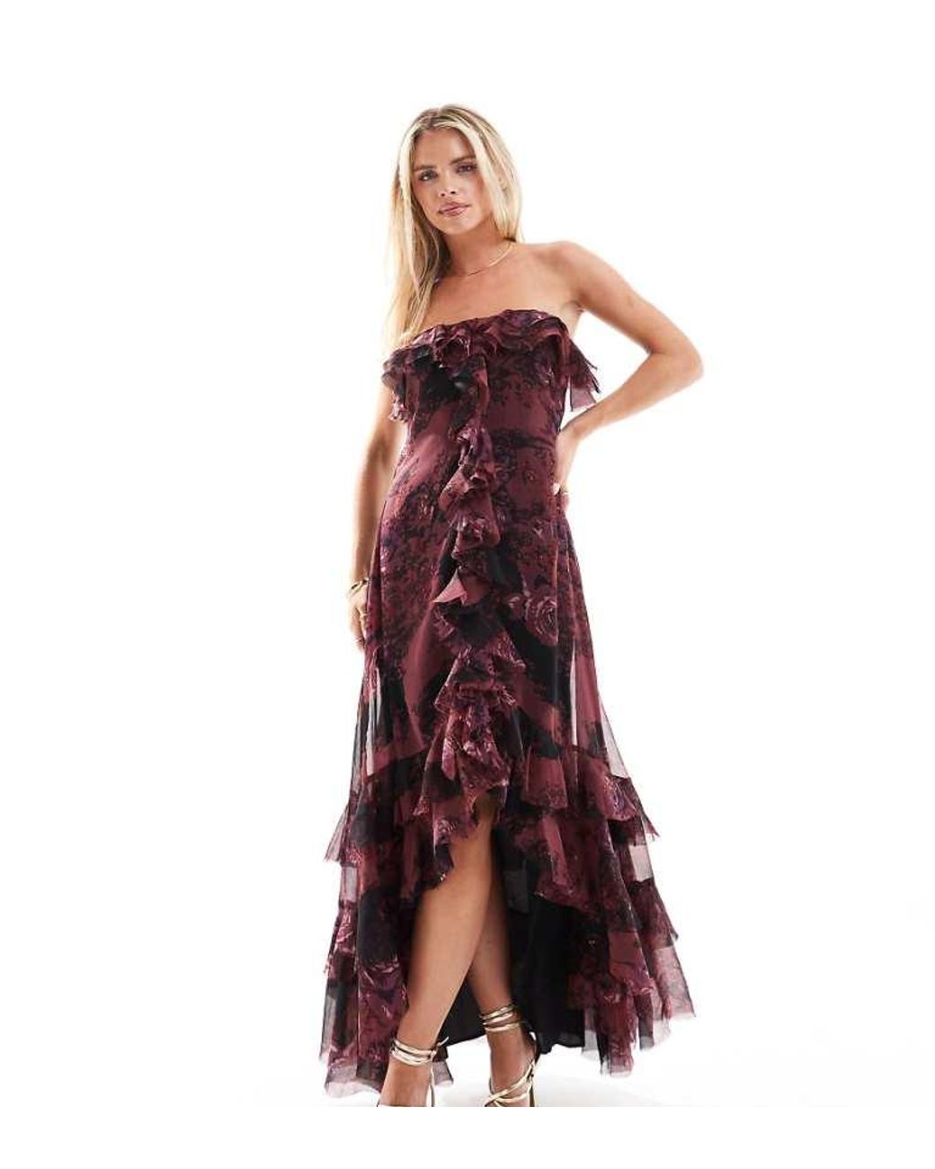 ASOS Red Design Bardot Ruffle Off Shoulder Maxi Dress