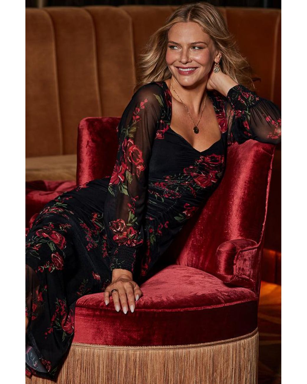 Sosandar Brown Floral Print Ruched Fit & Flare Dress