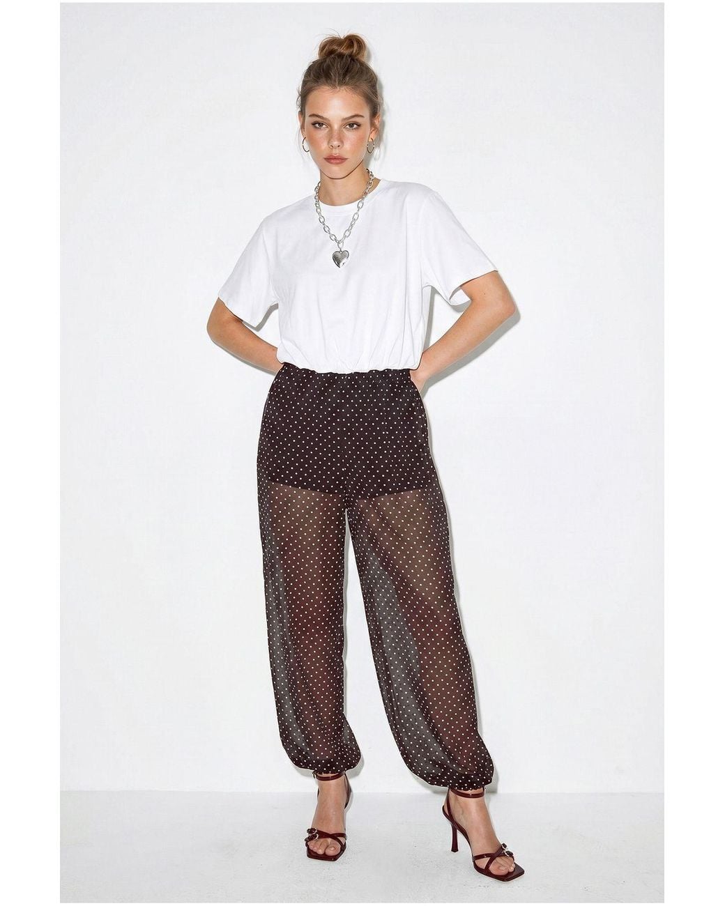 Bianco Lucci White Polka Dot Chiffon Jogger Pants