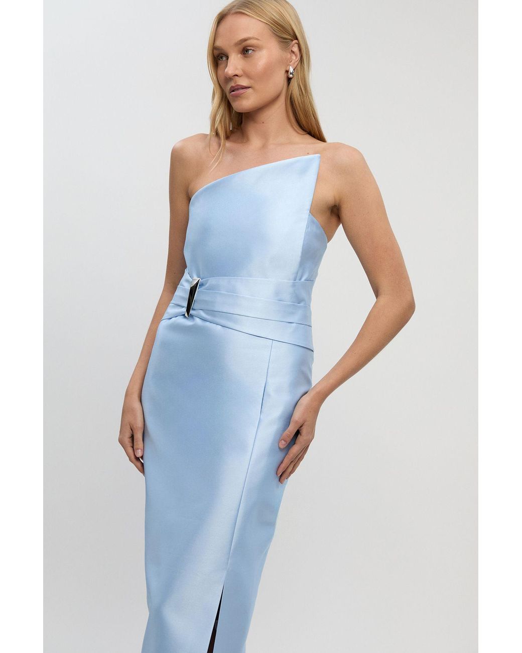 Karen Millen Blue Satin Twill Trim Detail Structured Asymmetric Neck Tailored Midi Dress
