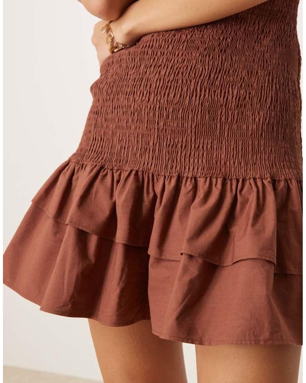 ASOS Brown Racer Shirred Ruffle Hem Mini Dress