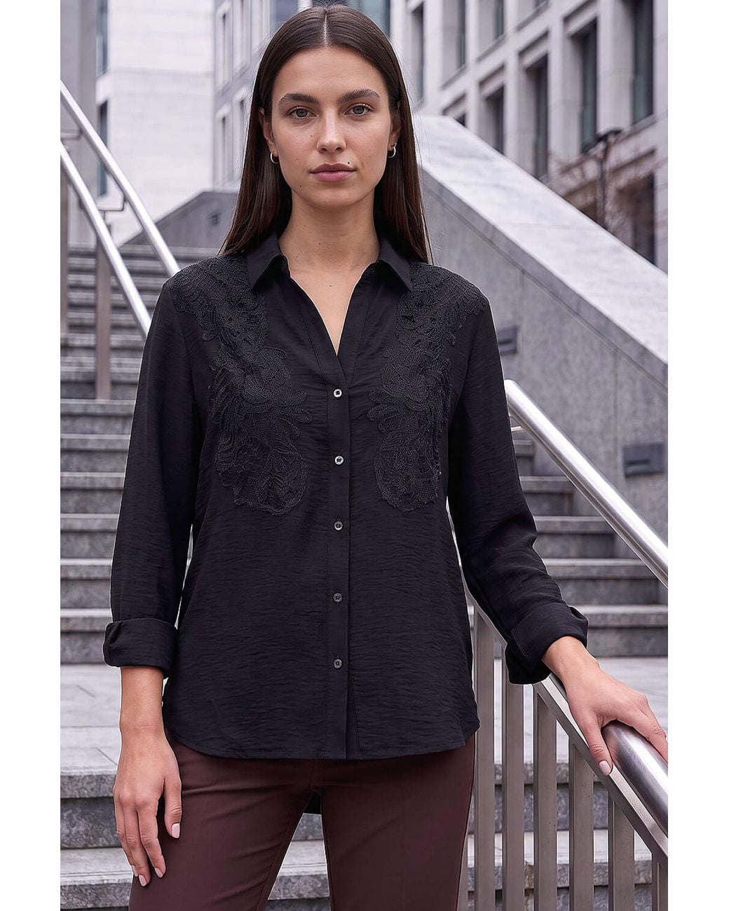 Roman Blue Lace Applique Shirt