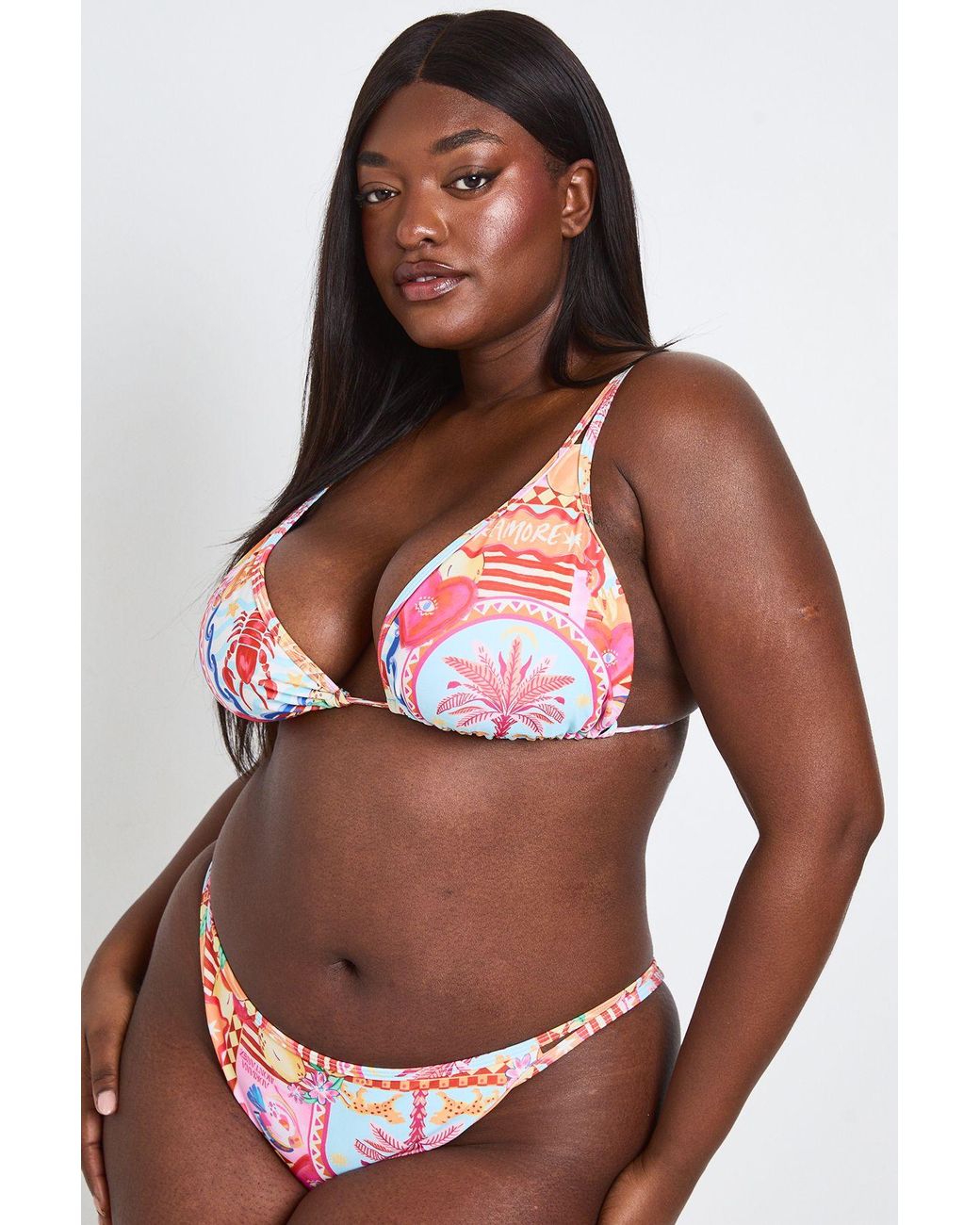 Boohoo Pink Plus Poster Print Triangle Bikini Set