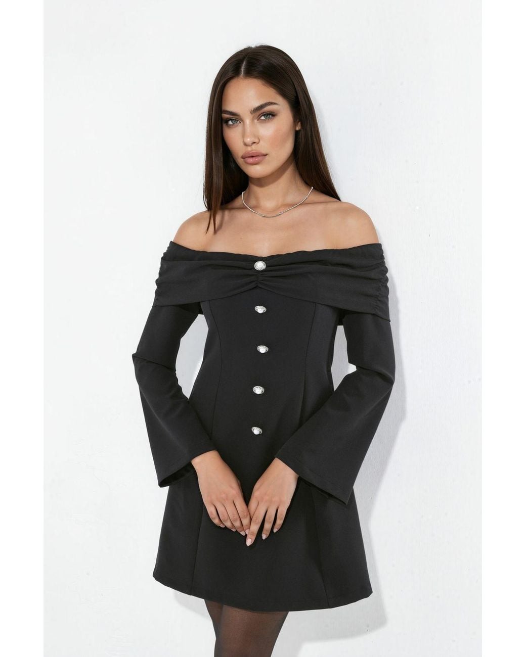 Hiccup Black Off-Shoulder Flare Mini Dress With Pearl Button Detail