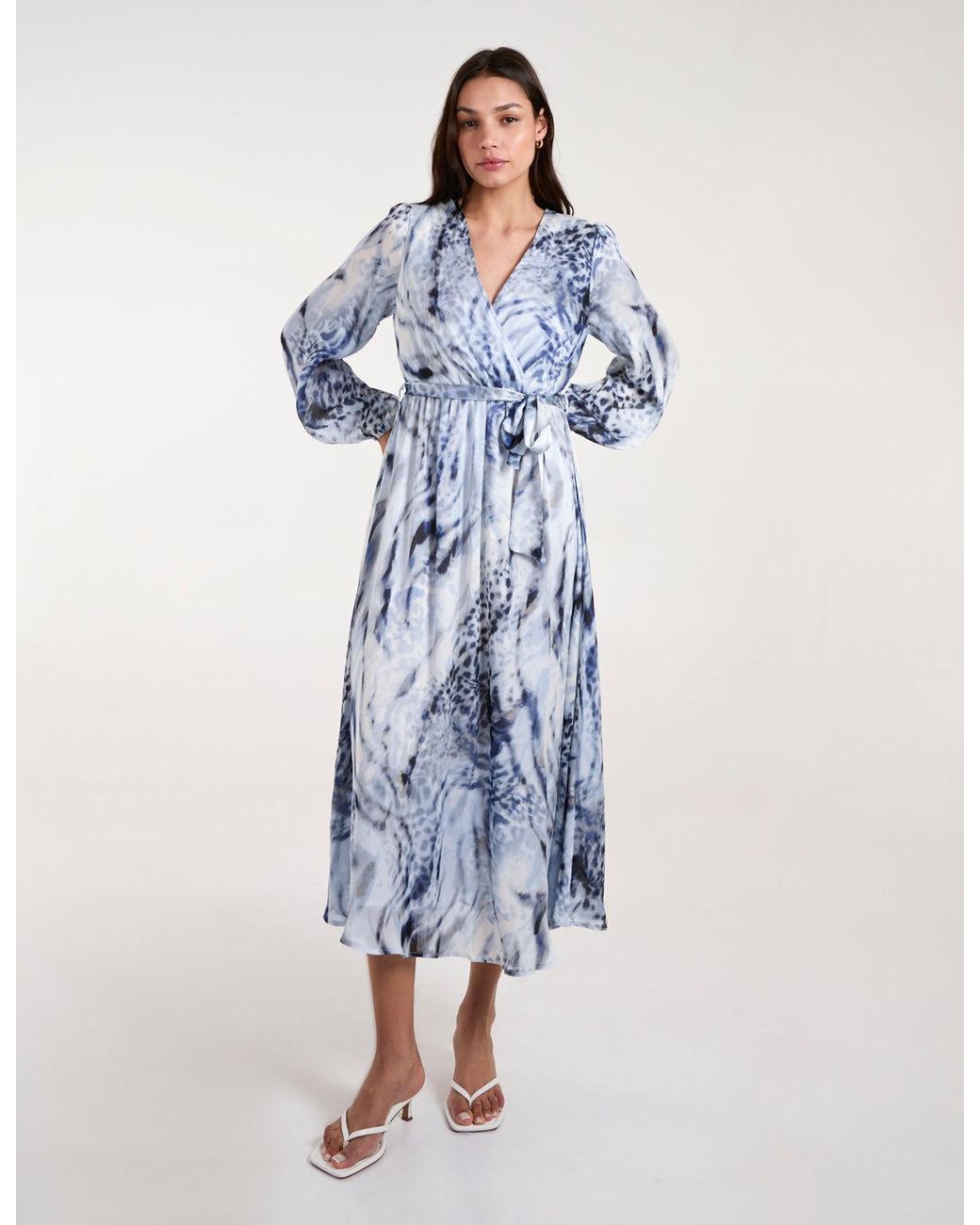 Blue Vanilla Blue Watercolour Wrap Front Belted Midi Dress
