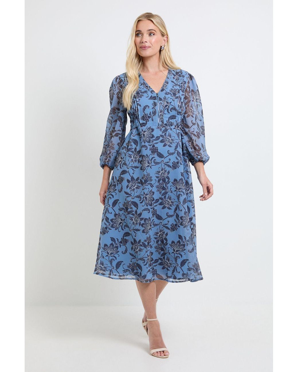 Wallis Blue Petite Paisley Pintuck Zip Midi Dress