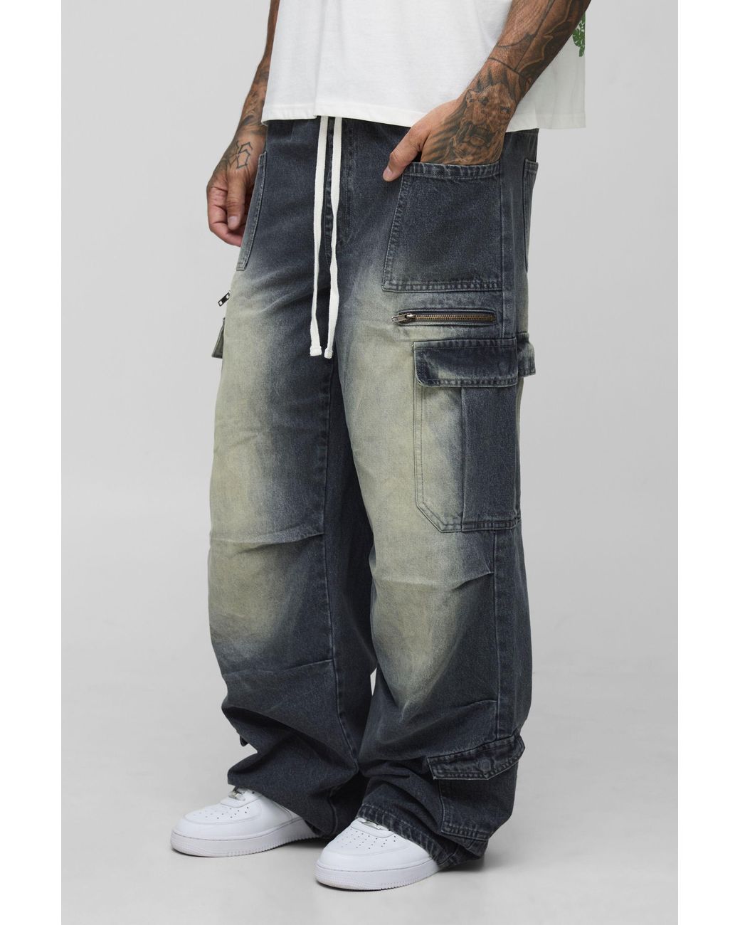 BoohooMAN Gray Tall Tinted Washed Baggy Fit Jeans for men