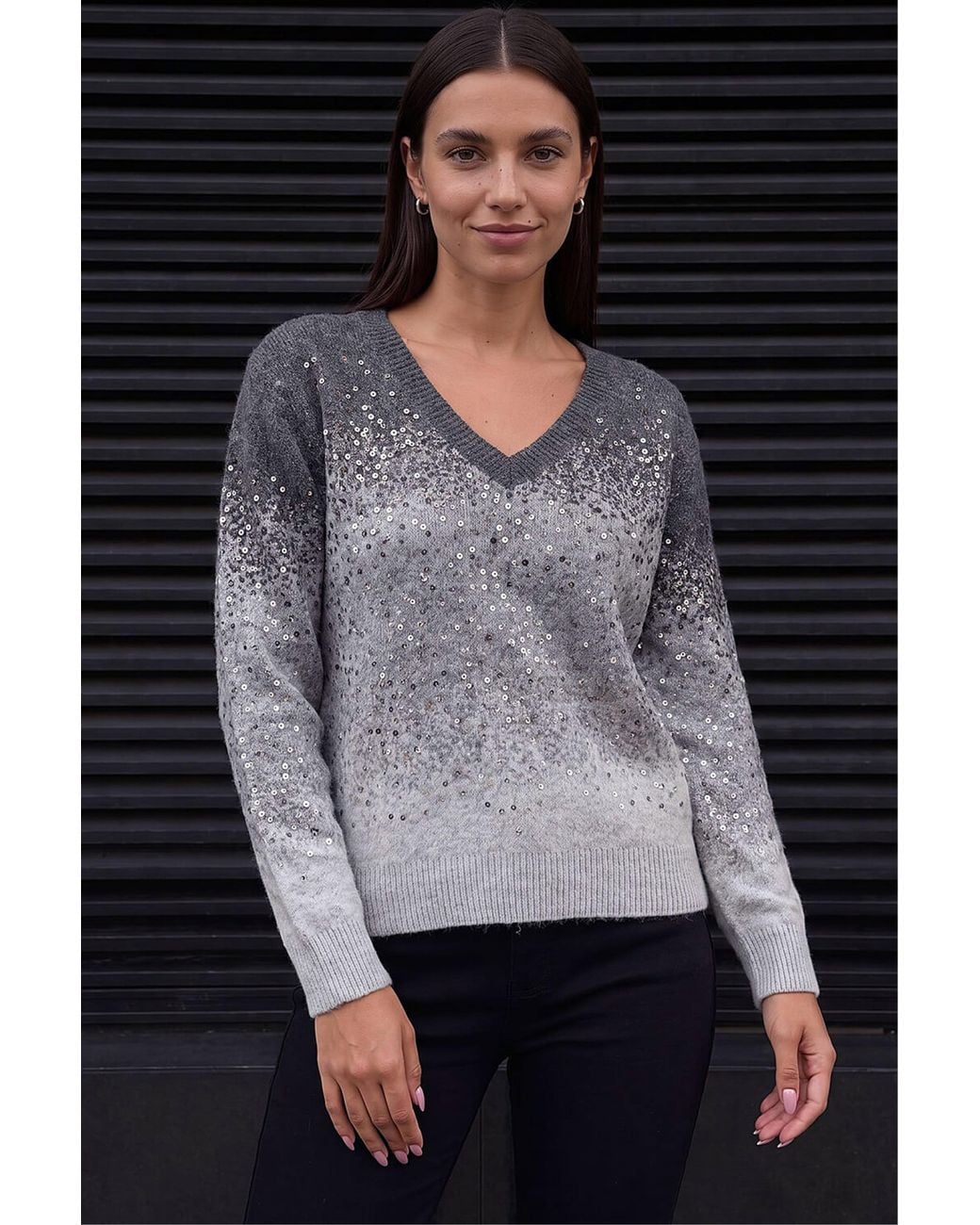 Roman Gray Sparkly Ombre V-Neck Knit Jumper