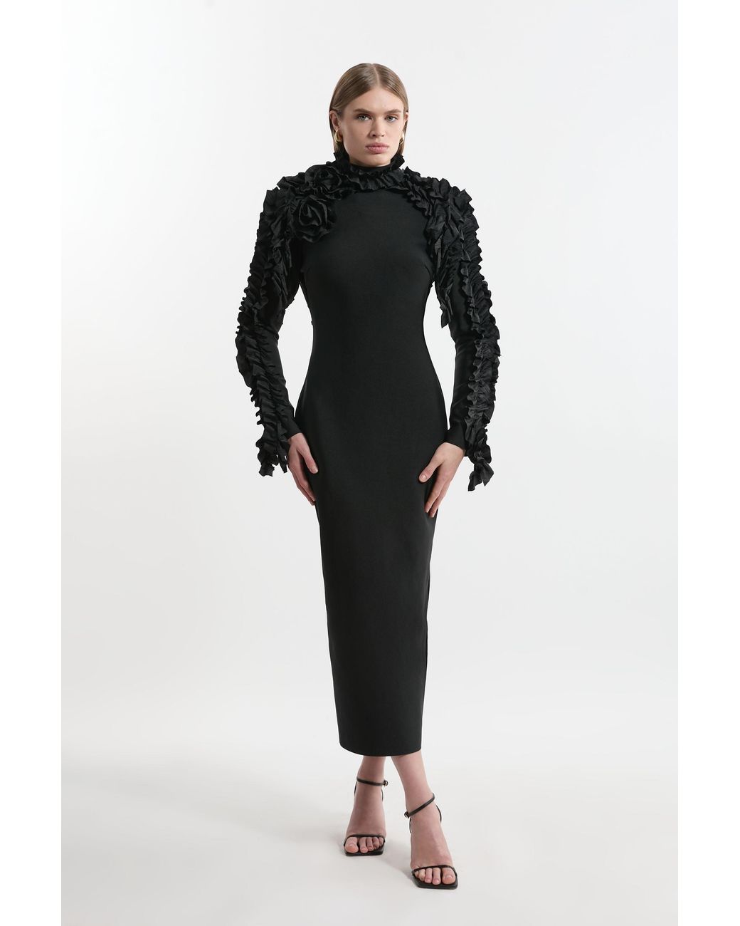 Karen Millen Black Figure Form Bandage Knit Rosette Detail Midi Dress