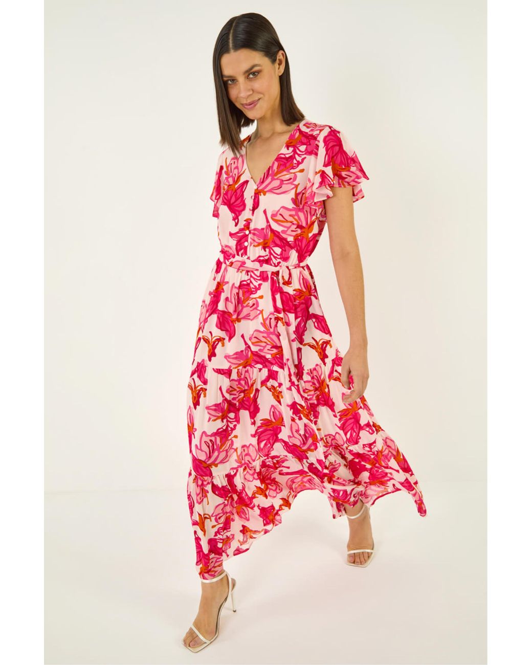Roman Floral Tiered Tie Waist Midi Dress