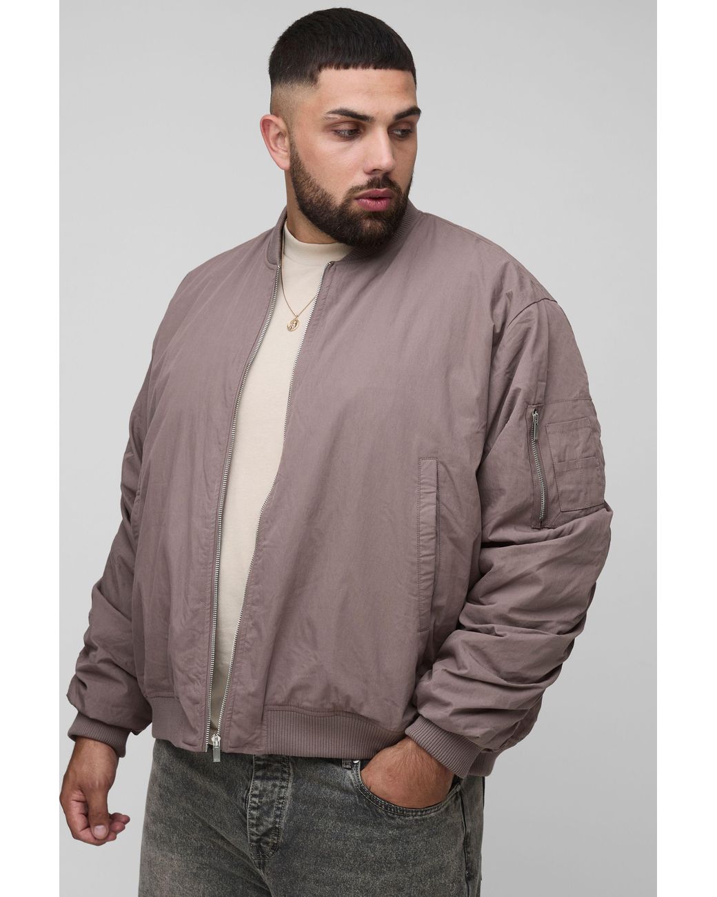 BoohooMAN Gray Plus Peached Embroidered Ma1 Bomber Jacket for men