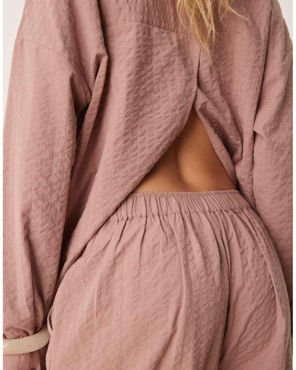 ASOS Pink Seersucker Relaxed Pull On Trousers Co-Ord