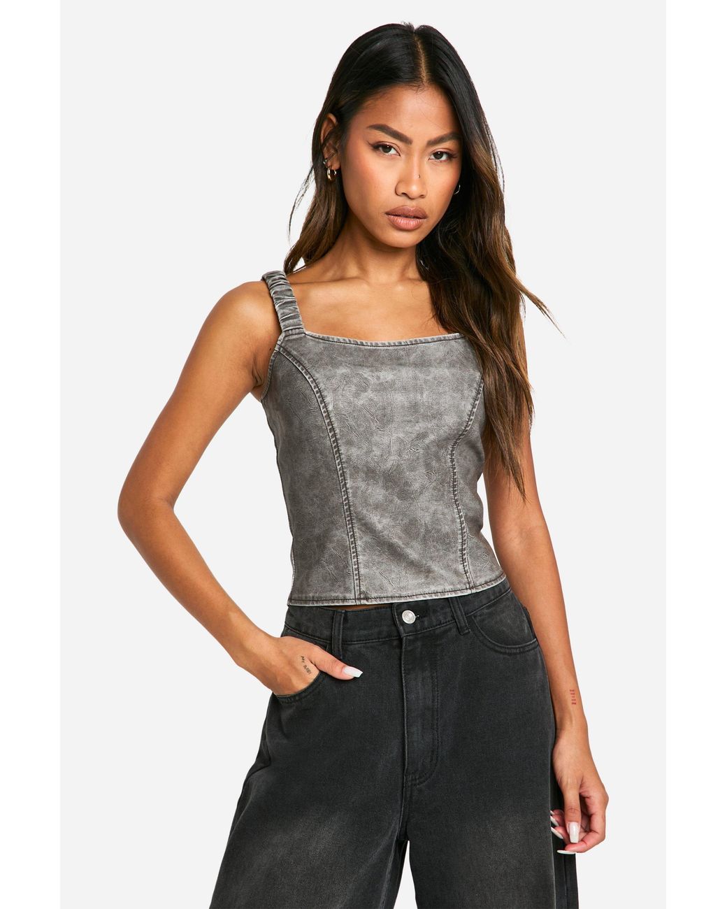 Boohoo Black Washed Faux Leather Ruched Strap Corset