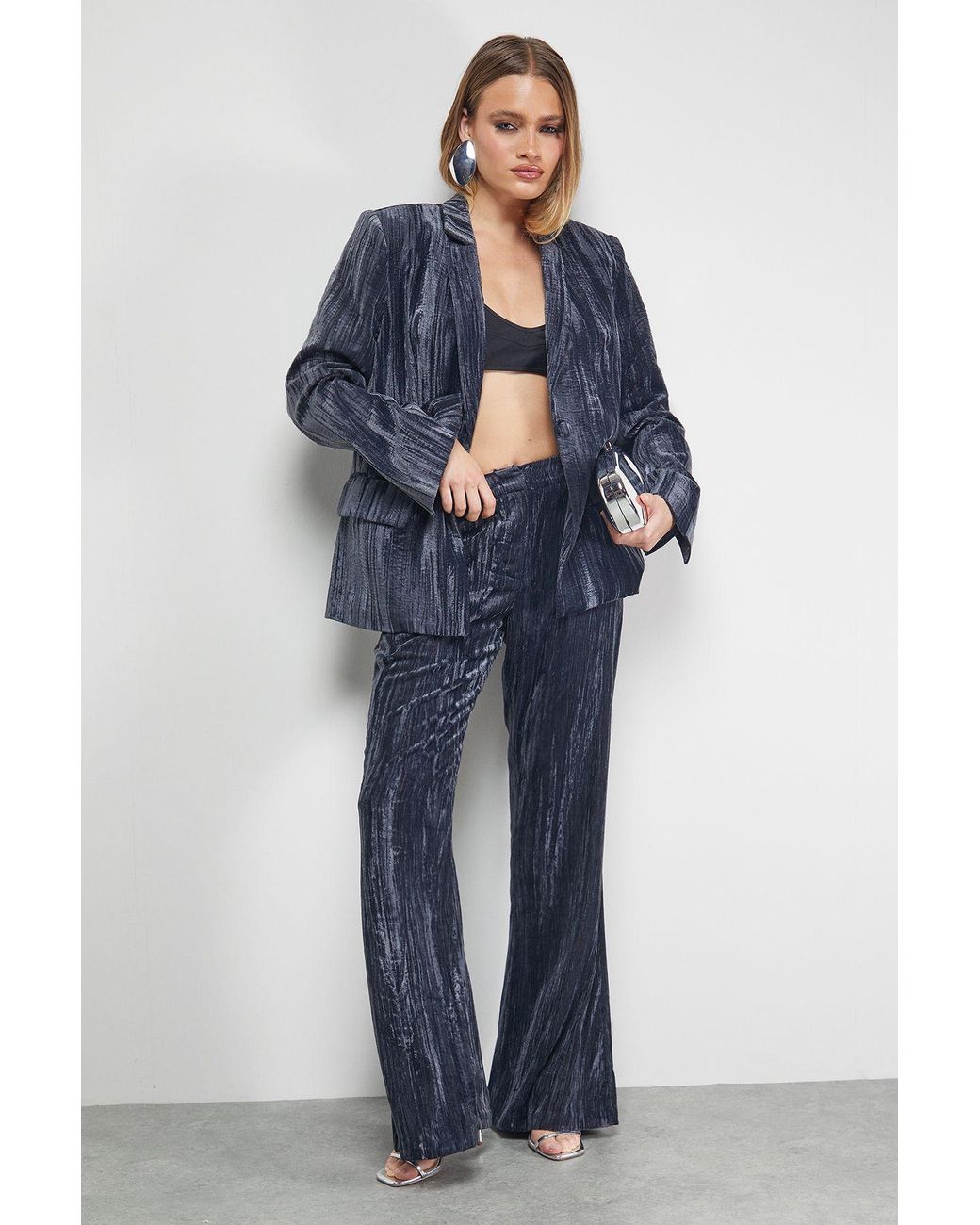 Warehouse Blue Crushed Velvet Kick Flare Trousers Co-Ord
