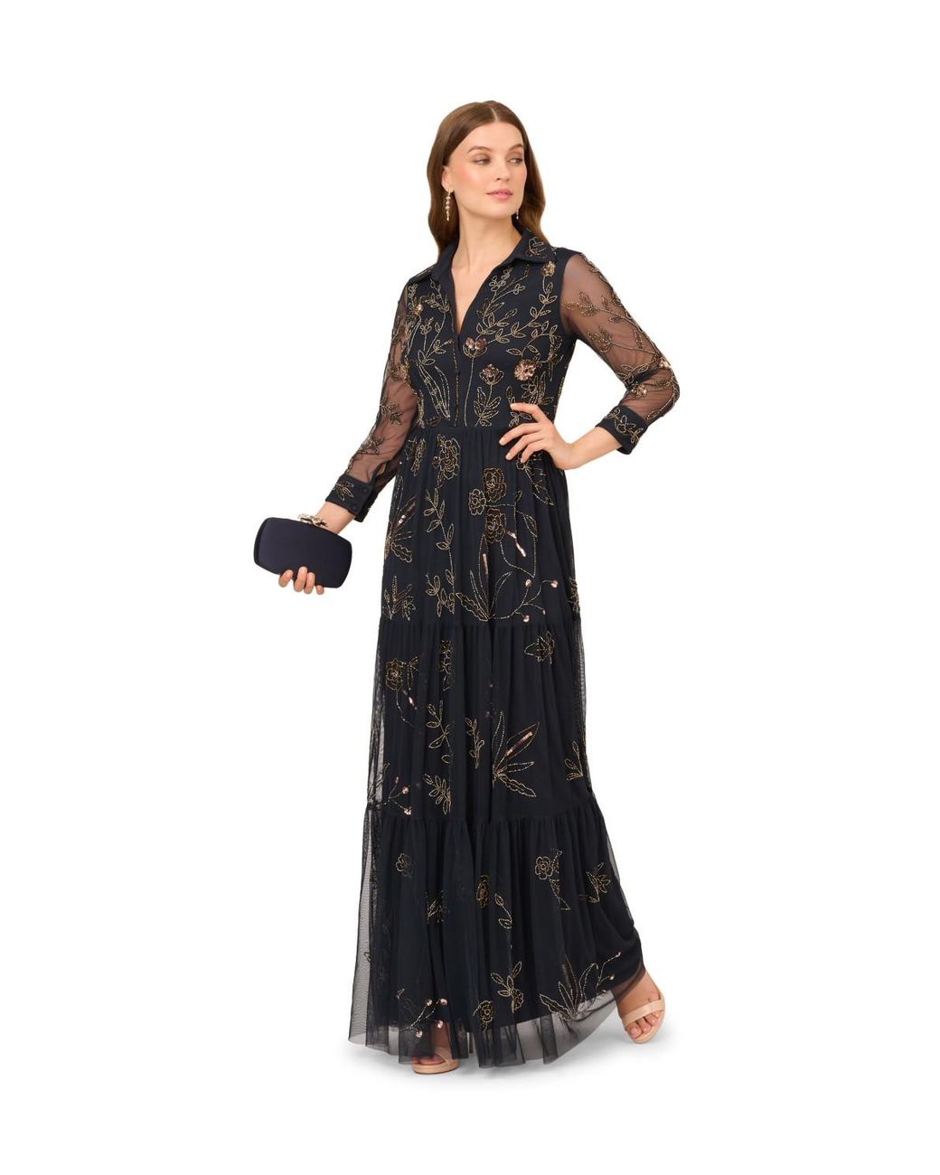 Adrianna Papell Black Bead Mesh Long Dress