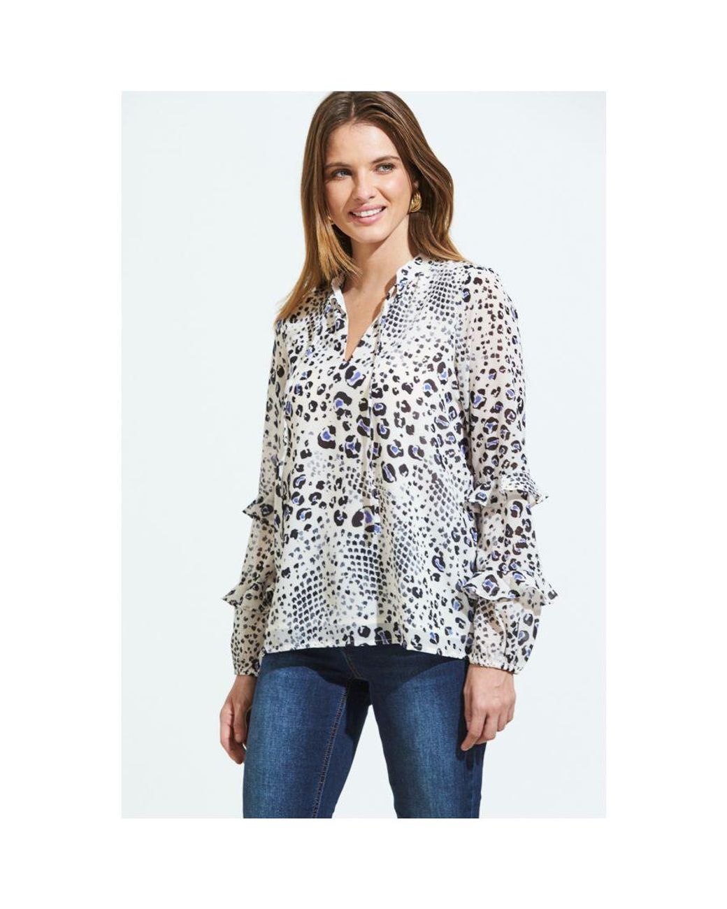 Sosandar Multicolor Cream Abstract Print Ruffle Sleeve Top Leather