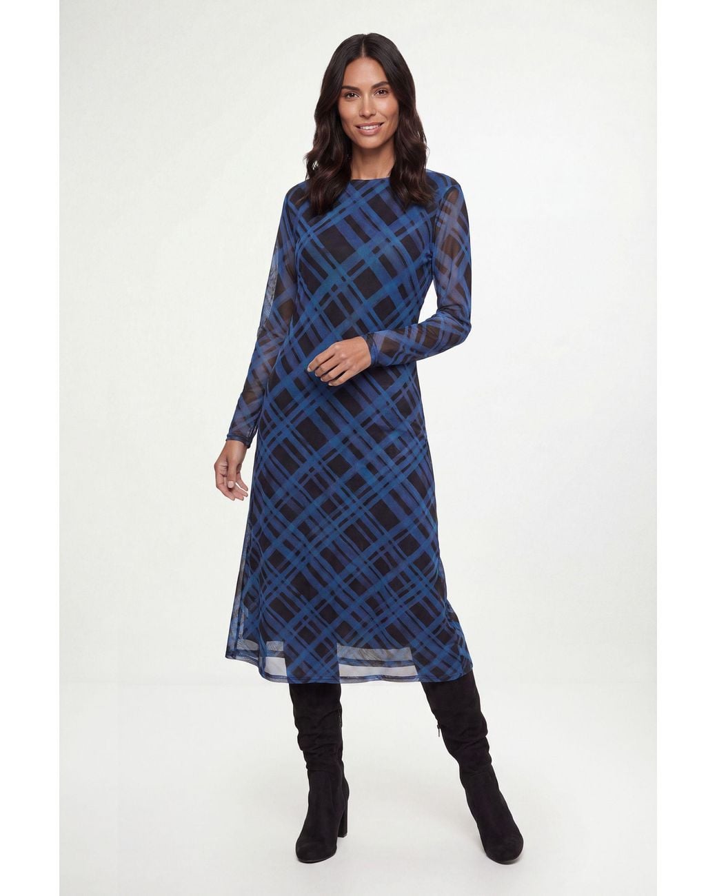 Wallis Blue Check Mesh Midi Dress