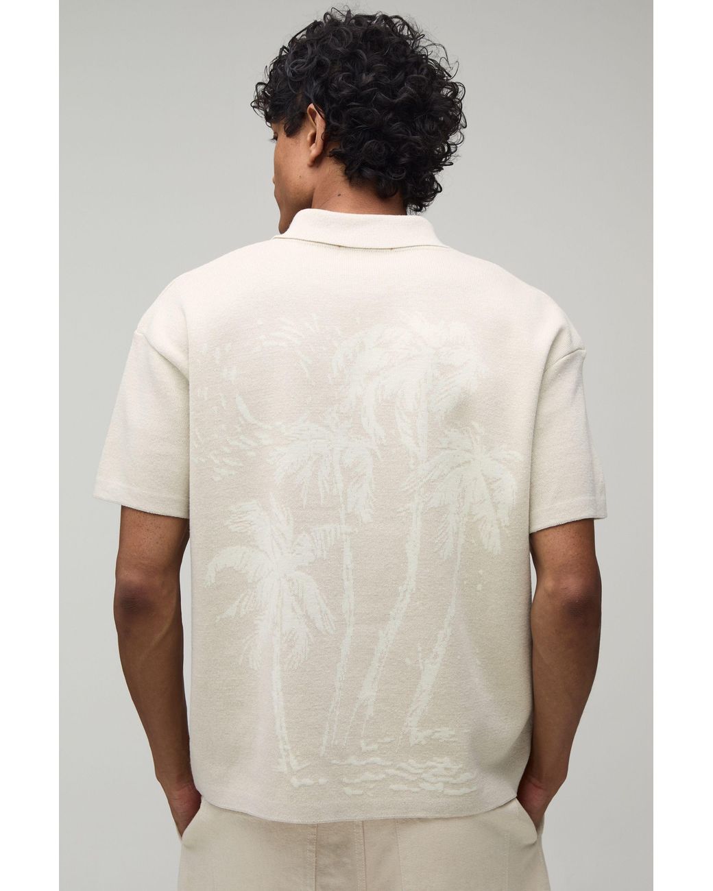 BoohooMAN White Relaxed Palm Scenic Jacquard Knitted Shirt for men