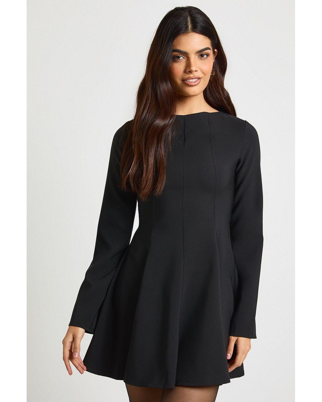 Boohoo Black Seam Detail Long Sleeve Flared Hem Mini Dress