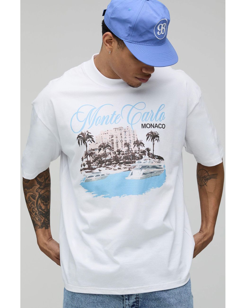 BoohooMAN White Oversized Monte Carlo Print T-Shirt Cotton for men