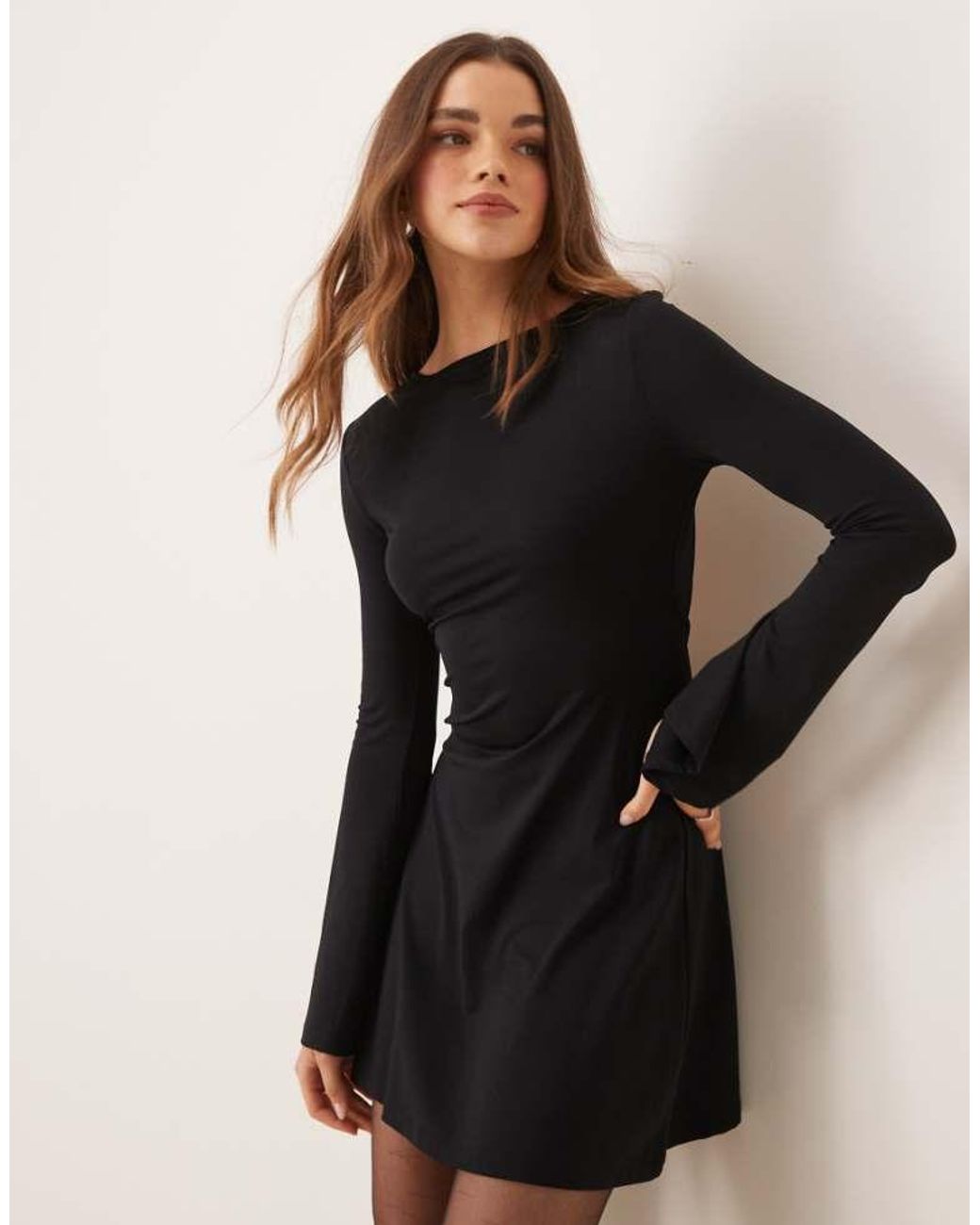 ASOS Black Slash Neck Flute Sleeve Mini Dress With Back Detail