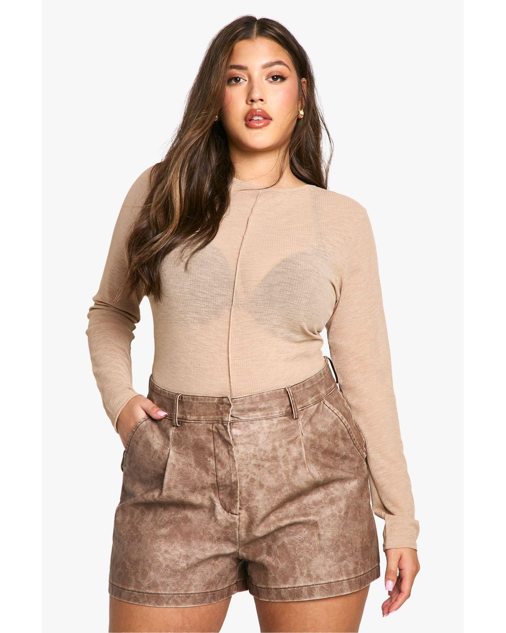 Boohoo Brown Plus Pleated Washed Pu Shorts
