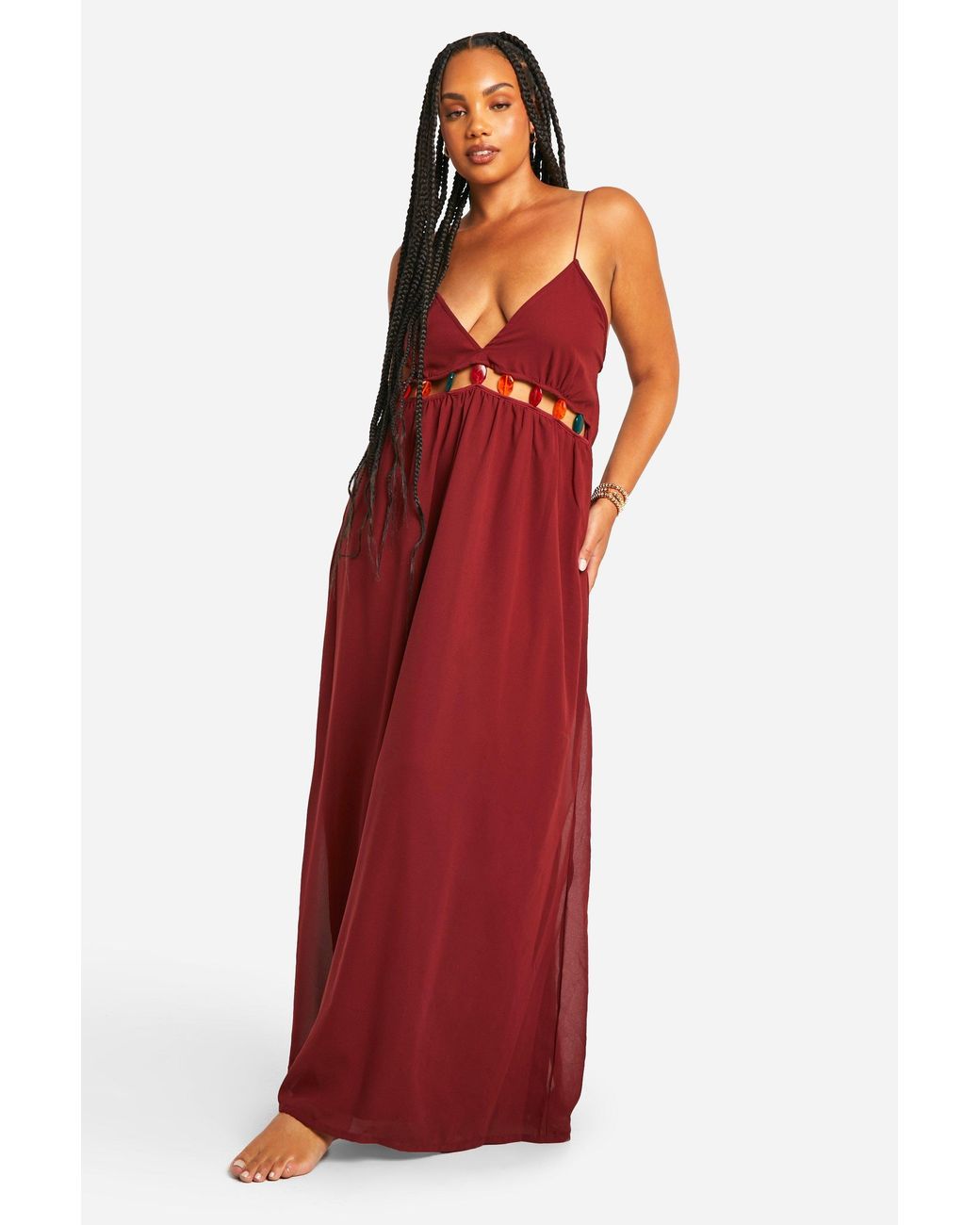 Boohoo Red Plus Beaded Beach Maxi Dress