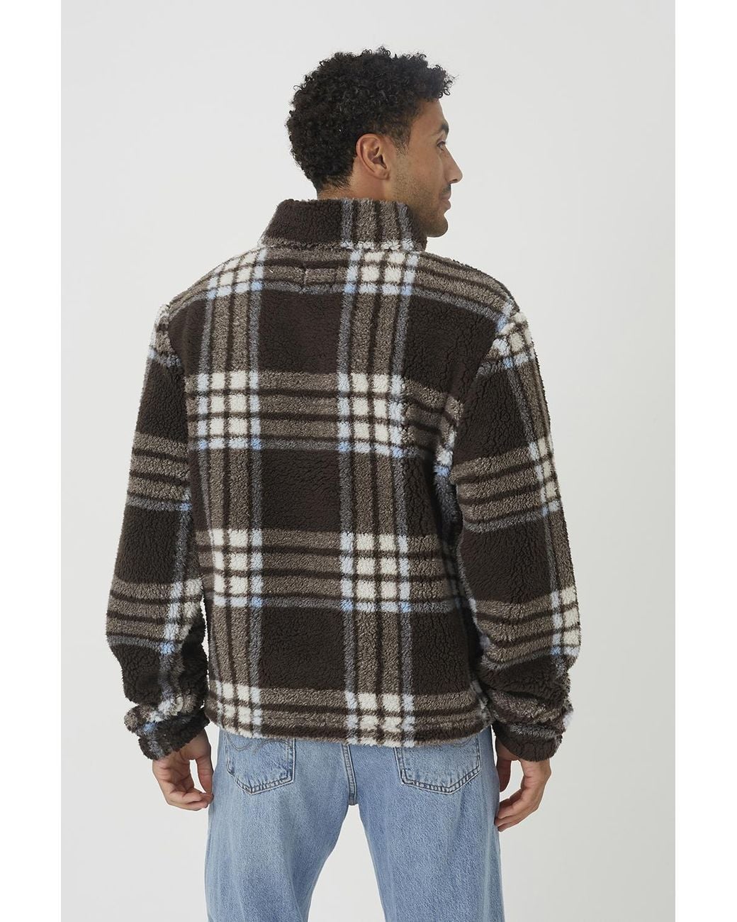 Brave Soul Gray Checked Quarter Zip Borg Fleece for men