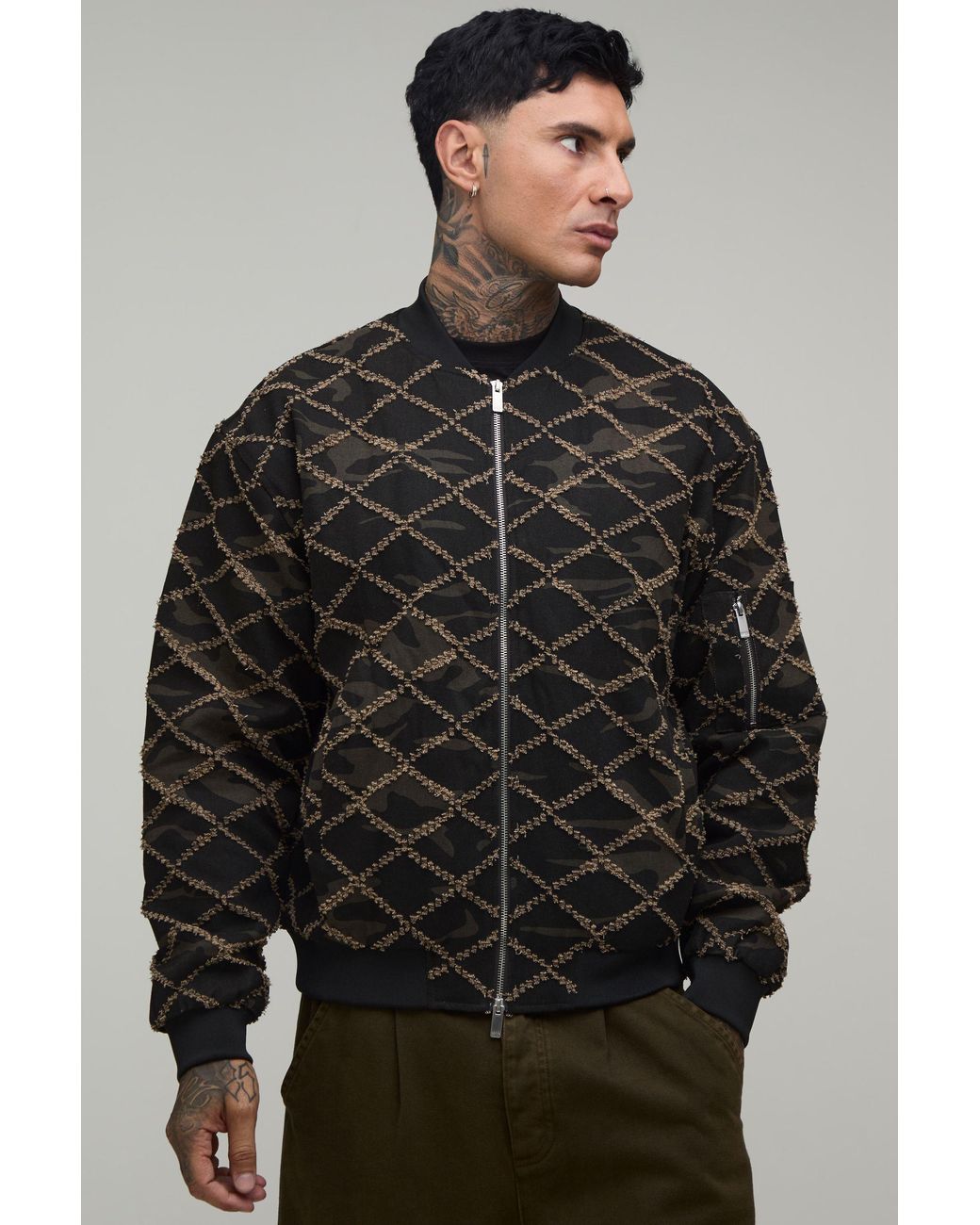 BoohooMAN Gray Tall Boxy Fit Distressed Camo Bomber Jacket for men
