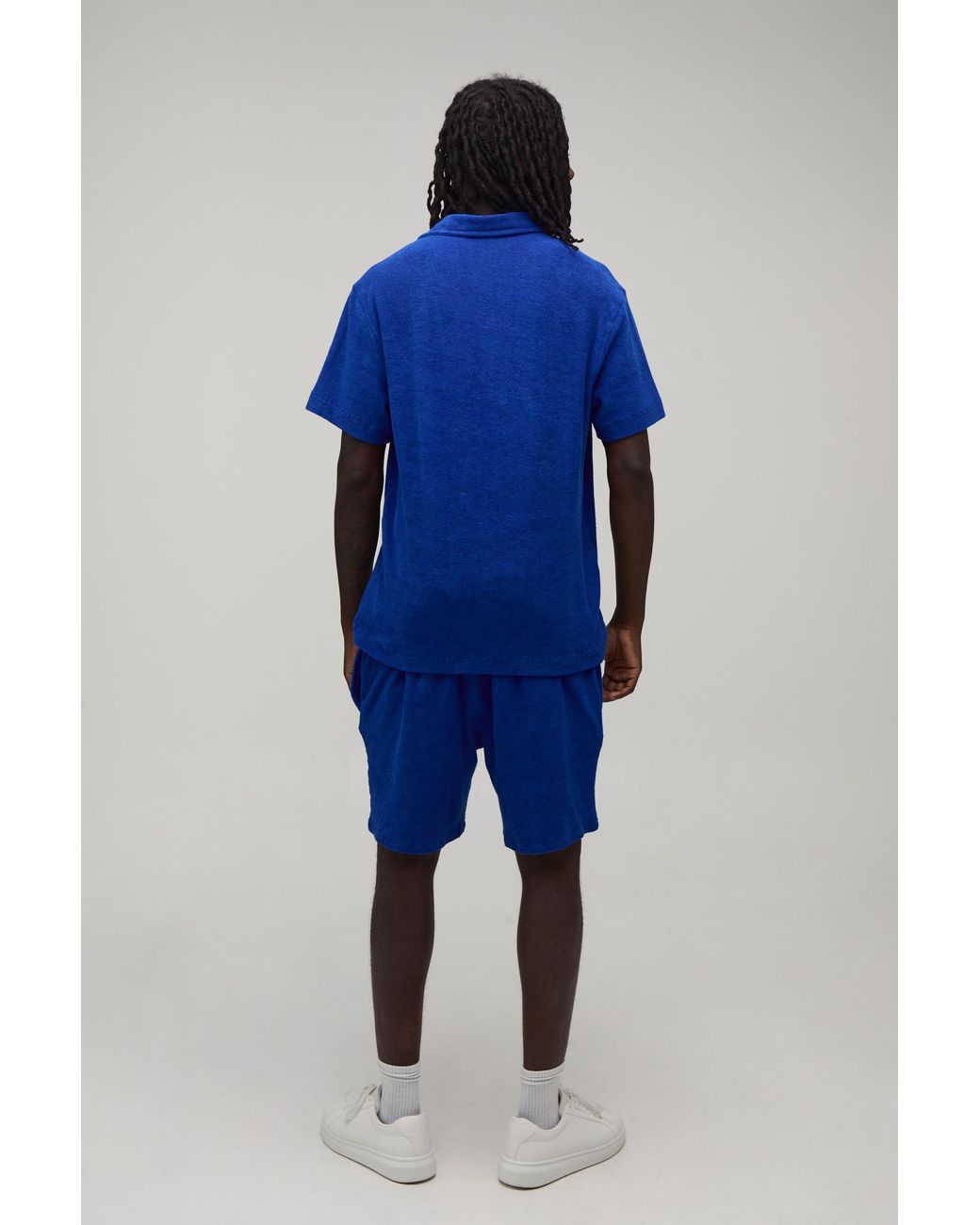 BoohooMAN Blue Towelling Regular Fit Revere Shirt & Relaxed Shorts Set for men