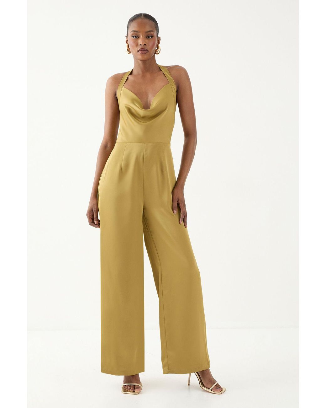 MissPap Green Satin Cowl Halter Neck Jumpsuit